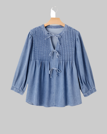 Blue Denim Pintuck Bow Tie Puff Sleeve Top – Feminine & Chic Style
